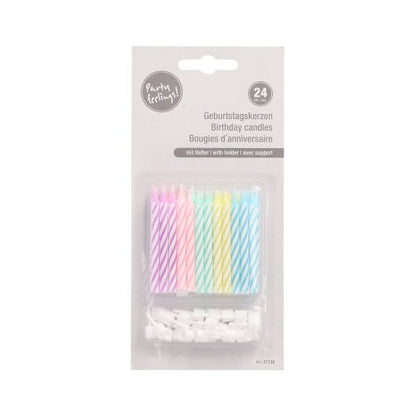 PAPSTAR 24 candele di compleanno a strisce pastello (rosa, viola, blu, giallo, bianco) con supporti, ciascuna di 6 cm, in confezione trasparente trilingue (tedesco/inglese/francese), confezione da 10 pezzi di PAPSTAR GmbH.