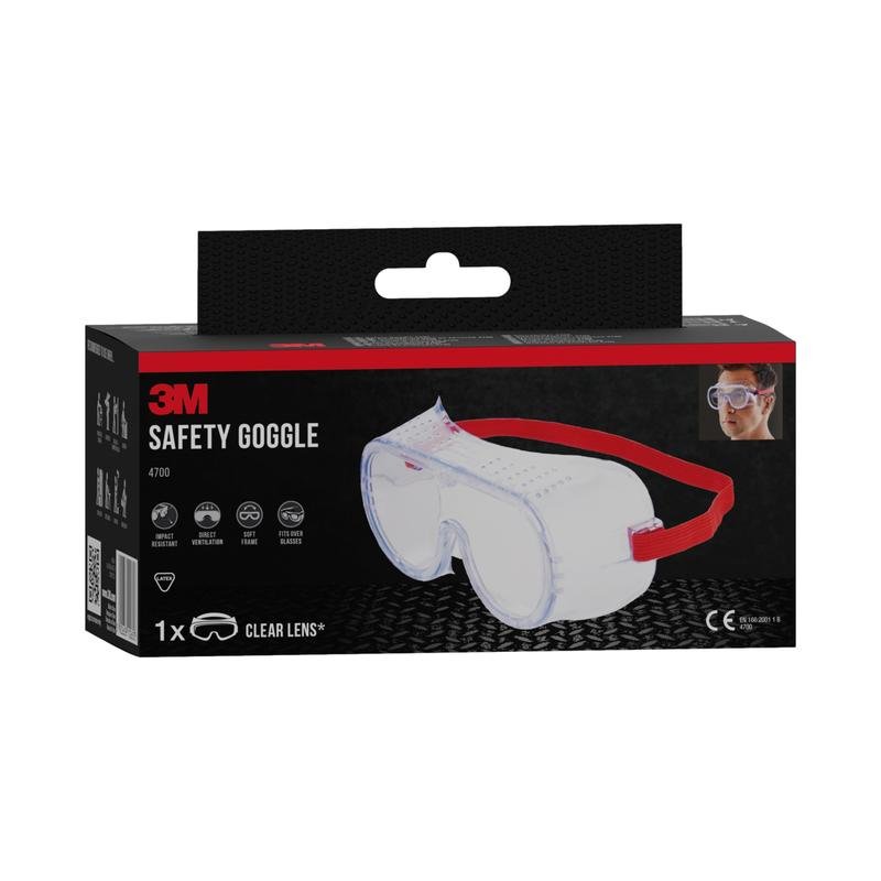 Una scatola nero-rossa degli occhiali di protezione 3M™ Classic 4700 di 3M Deutschland GmbH mostra un occhiale trasparente con fascia rossa e una piccola immagine che mostra la lente trasparente ventilata direttamente in uso.