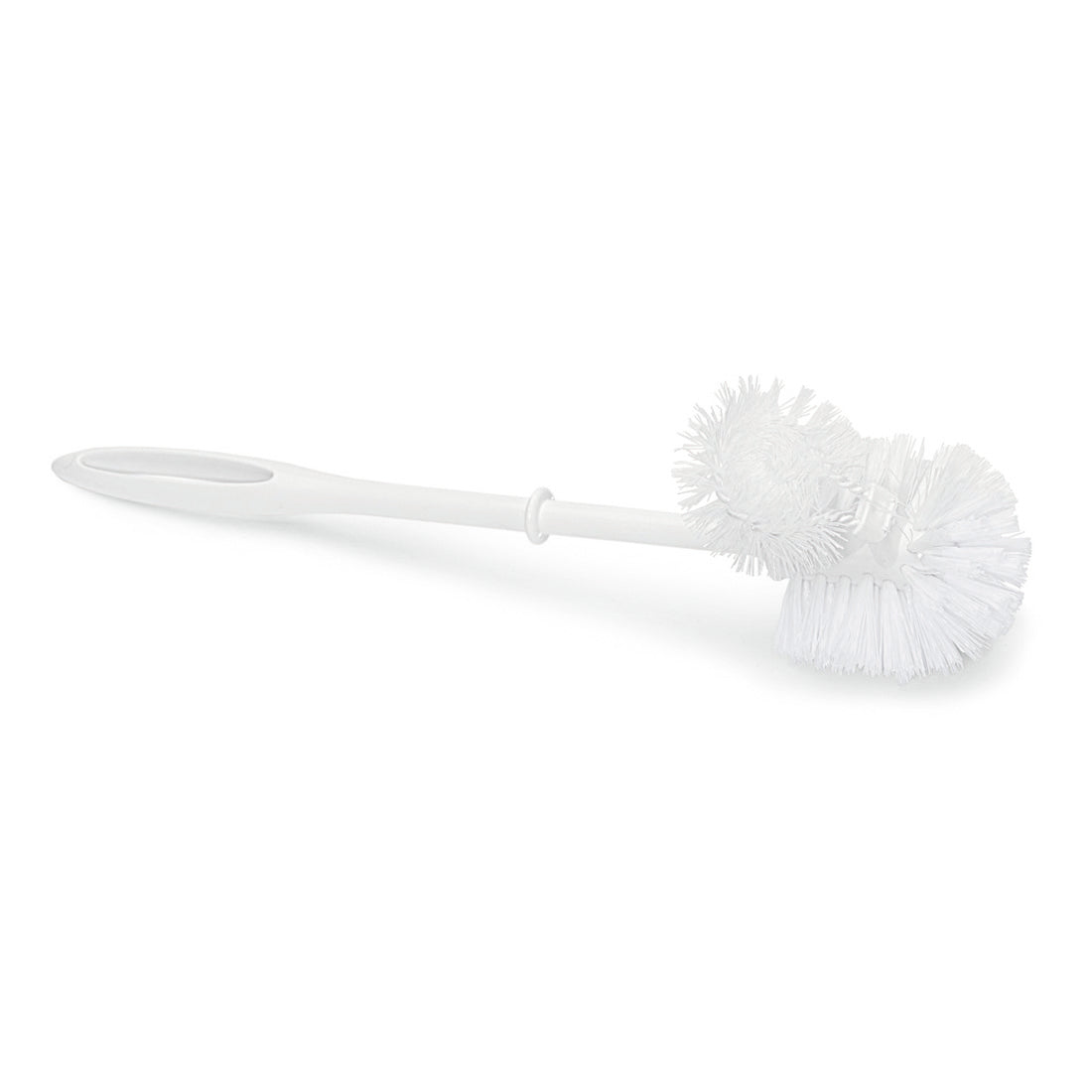 Un Nölle Profi Brush spazzola WC con pulitore per bordi (38 cm, setole in PP) di Nölle Profi Brush Bürsten- & Pinseltechnik e.K. con manico lungo bianco, grande e piccolo doppia testa rotonda su sfondo bianco.