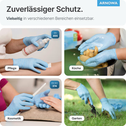 Un collage mostra come i guanti monouso ARNOMED NITRIL ICE BLUE in nitrile azzurro della ARNOWA GmbH vengano utilizzati per spruzzare una bottiglia su una ferita, lavorare le patate, limare le unghie e fare giardinaggio - sottolineando la loro affidabilità e versatilità.