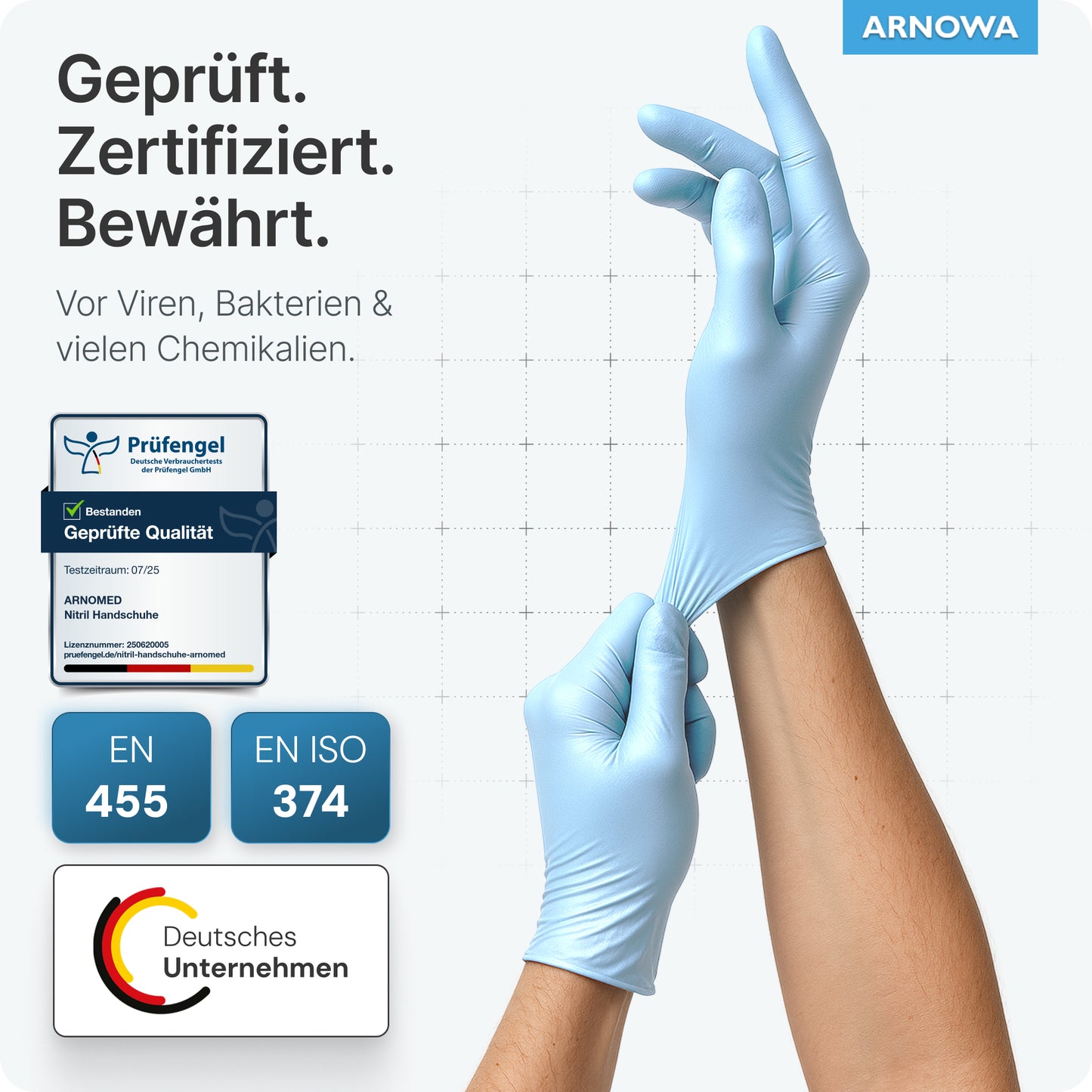 Una persona indossa guanti monouso ARNOMED NITRIL ICE BLUE della ARNOWA GmbH. Testo e icone mostrano che questi guanti privi di lattice sono testati per la qualità, resistenti a virus, batteri e sostanze chimiche secondo EN 455 e EN ISO 374.