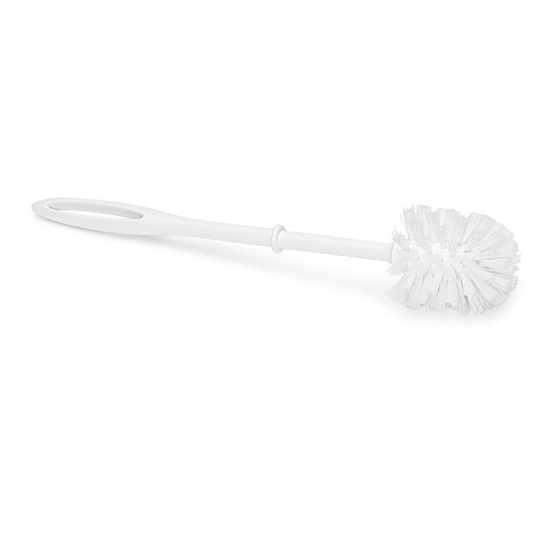 La spazzola WC Nölle Profi Brush di Nölle Profi Brush Bürsten- & Pinseltechnik e.K. ha una testa piccola e rotonda con un diametro di 65 mm, è lunga 38 cm e presenta un design in plastica bianca con un foro ovale all'estremità del manico.