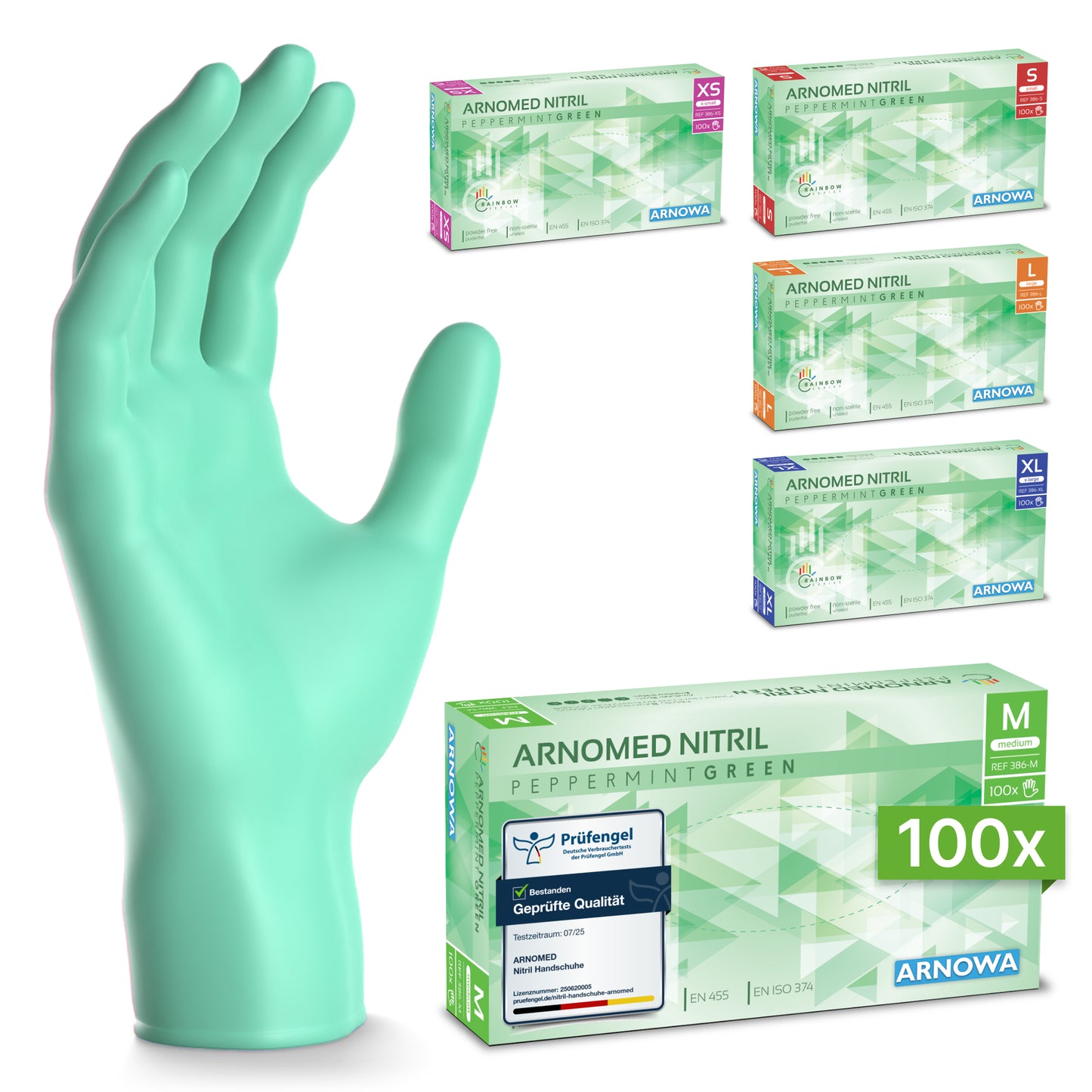 Un paio di guanti monouso ARNOMED NITRIL PEPPERMINT GREEN color menta della ARNOWA GmbH è in piedi, dietro ci sono cinque scatole di guanti ARNOWA di diverse dimensioni; la scatola anteriore è etichettata con "M, 100x, senza lattice".