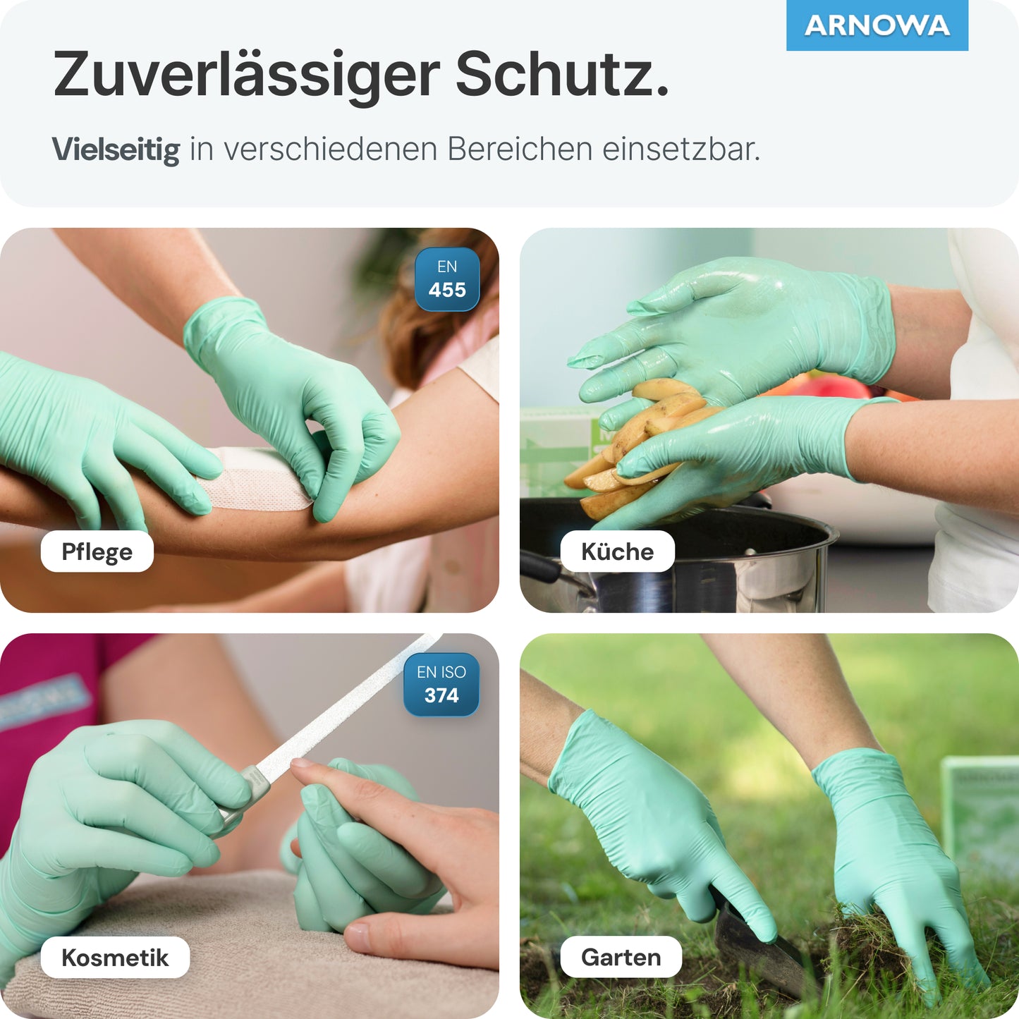 Un collage mostra persone che indossano guanti monouso ARNOMED NITRIL PEPPERMINT GREEN della ARNOWA GmbH mentre bendano, puliscono, limano le unghie e lavorano in giardino. Le etichette tedesche evidenziano la versatilità dei guanti in nitrile color menta.