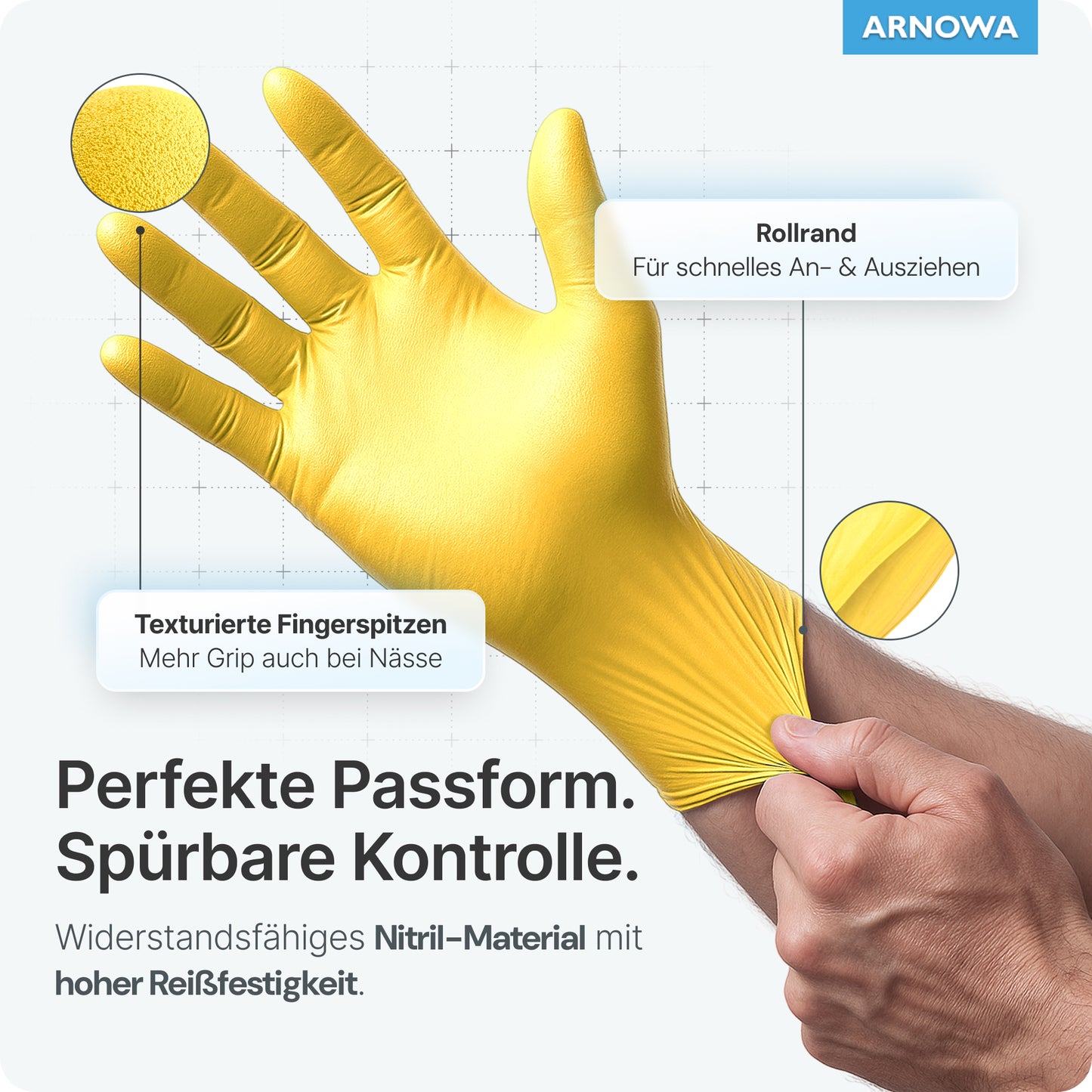 Una mano indossa un guanto monouso ARNOMED NITRIL SUNFLOWER YELLOW della ARNOWA GmbH. Le etichette mostrano il polsino arrotolato per una facile gestione e le punte delle dita strutturate per una buona presa. Informazioni in tedesco: vestibilità perfetta, controllo, alta resistenza allo strappo, senza lattice.