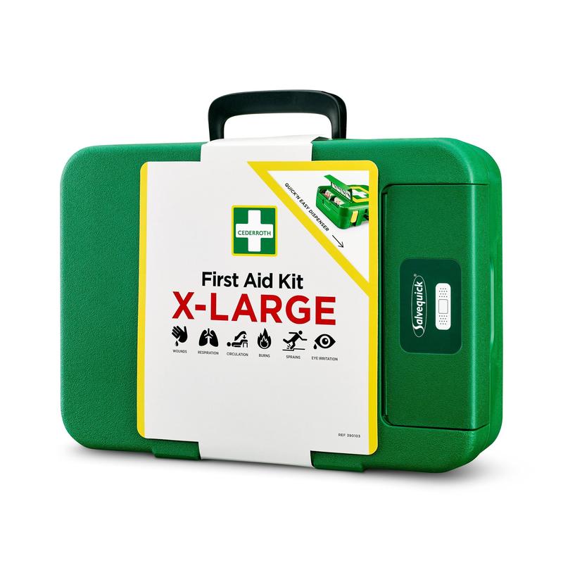 Una grande cassetta di pronto soccorso in plastica verde di Orkla Wound Care AB X-LARGE | Confezione (1 pezzo) con manico nero, etichettata con "First Aid Kit X-Large" e simboli per respirazione, rianimazione, circolazione, distorsioni e infezioni oculari - ideale per le emergenze.