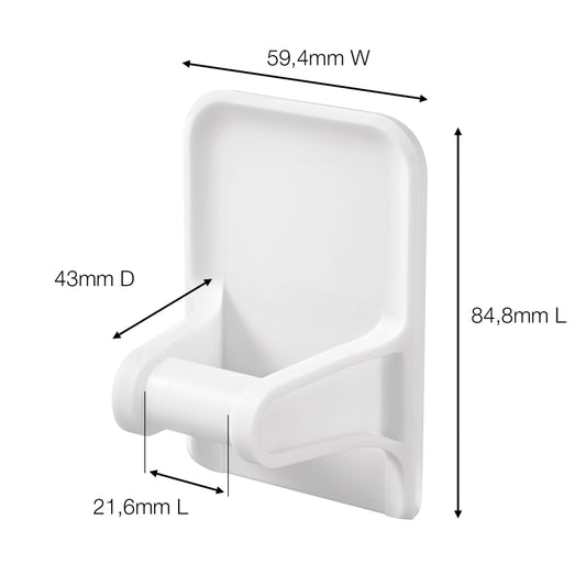 Der Command™ Sprühflaschenaufhänger 17009 von 3M Deutschland GmbH ist ein weißer Kunststoff-Wandhalter (59,4 mm breit, 84,8 mm lang, 43 mm tief, untere Ablage 21,6 mm), Maße mit schwarzen Pfeilen gekennzeichnet.