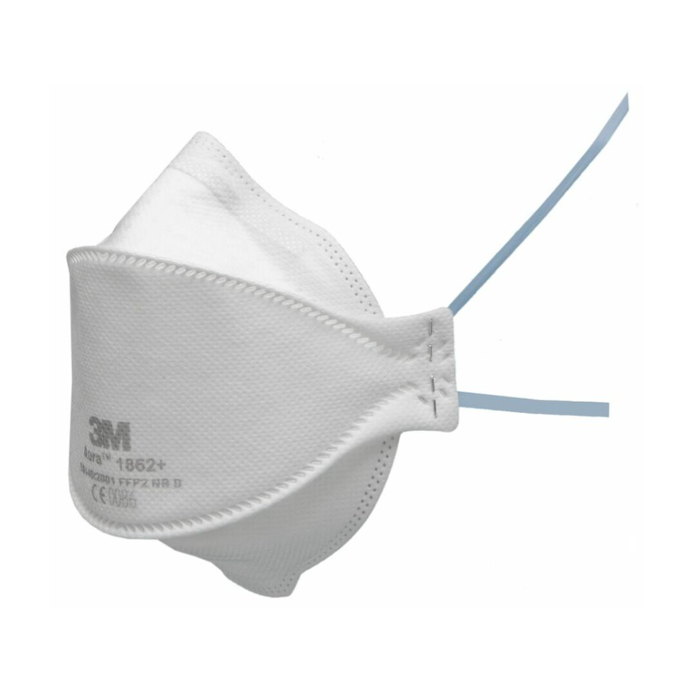 La maschera respiratoria bianca 3M Aura 1862+ di Servoprax GmbH ha bande blu ed è contrassegnata come maschera antiparticolato FFP2. È dotata di una forma curva per una vestibilità comoda e dispone inoltre di una valvola Cool Flow per un maggiore comfort.