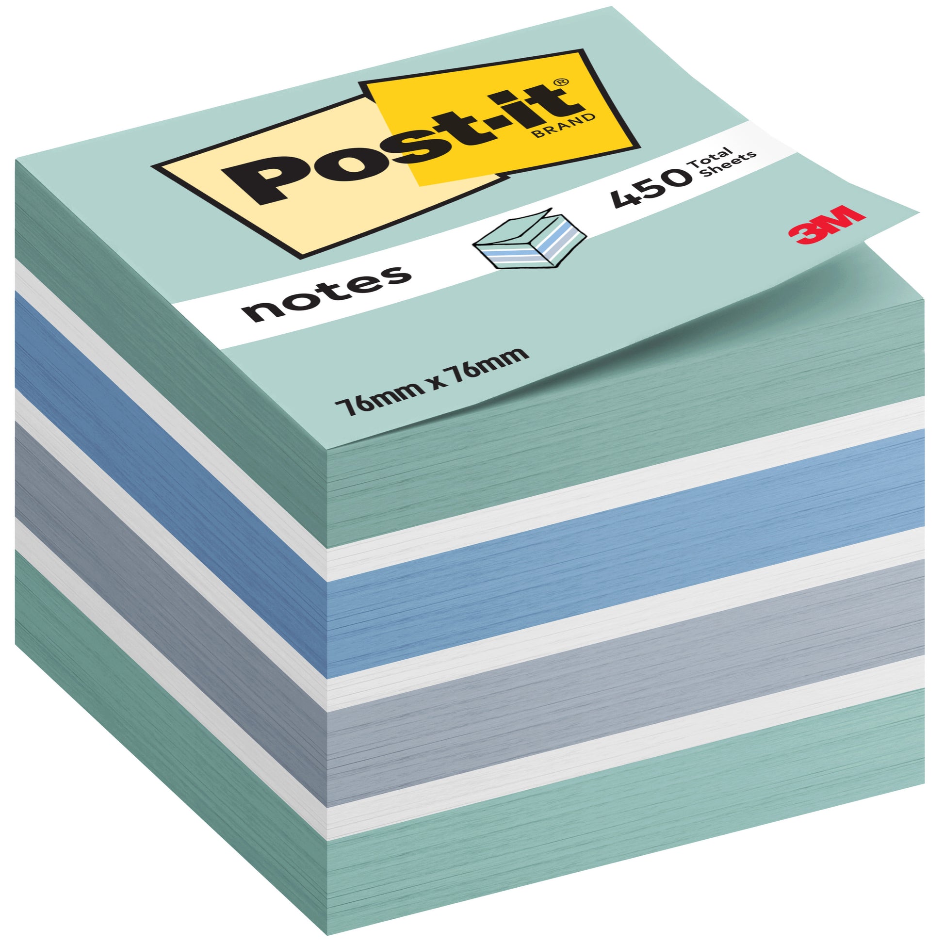 Eine Hochkantaufnahme eines Post-it® Notes Würfels der 3M Deutschland GmbH zeigt blaue, weiße und grüne Notizzettel im Format 76 x 76 mm mit 450 Blatt pro Block. Die Verpackung zeigt das Markenlogo und "100% PEFC".