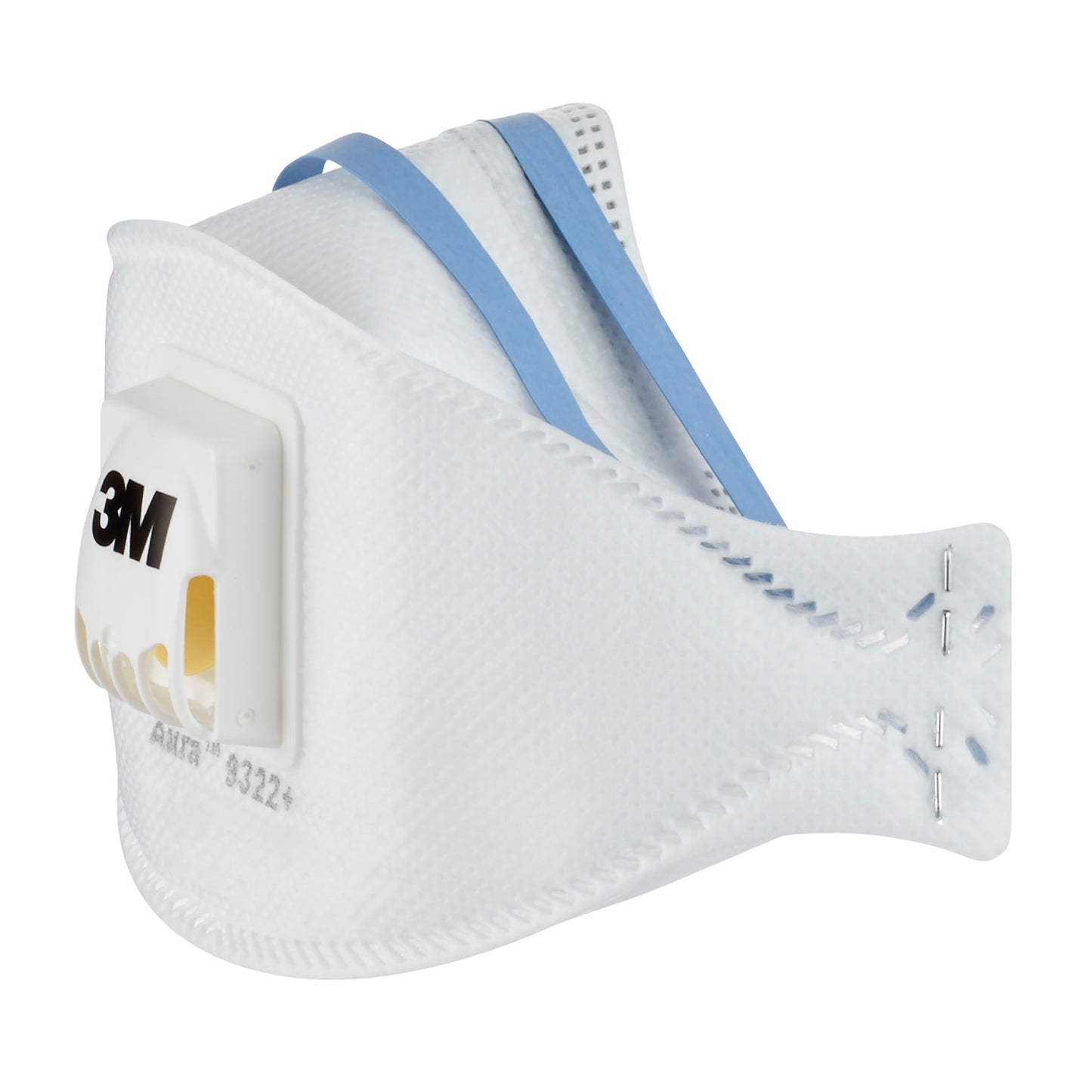 La 3M™ Aura™ Comfort Cool Flow™ Maschera antiparticolato 9322+ (FFP2) di 3M Deutschland GmbH ha un design bianco, una valvola, bande elastiche blu e cuciture visibili, raffigurate su uno sfondo uniforme.