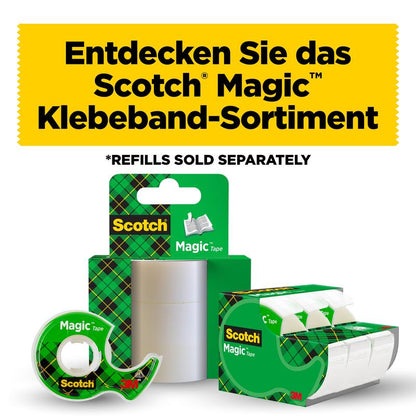 Pubblicità tedesca per la 3M Deutschland GmbH: nastro adesivo invisibile Scotch® Magic™, 2 rotoli (19 mm x 12 m + 3,2 m GRATIS) più 1 dispenser manuale. Prodotti a quadretti verdi sotto un banner giallo. Nota: ricariche disponibili separatamente.