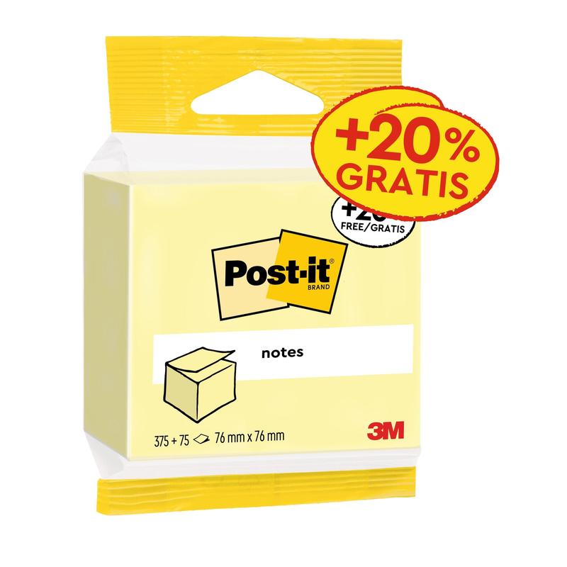 Una confezione di 3M Post-it® Notes, giallo, 76 mm x 76 mm, con 450 fogli per blocco (1 blocco/confezione), certificato PEFC (SGSCH-PEFC-COC-110078), da 3M Deutschland GmbH.