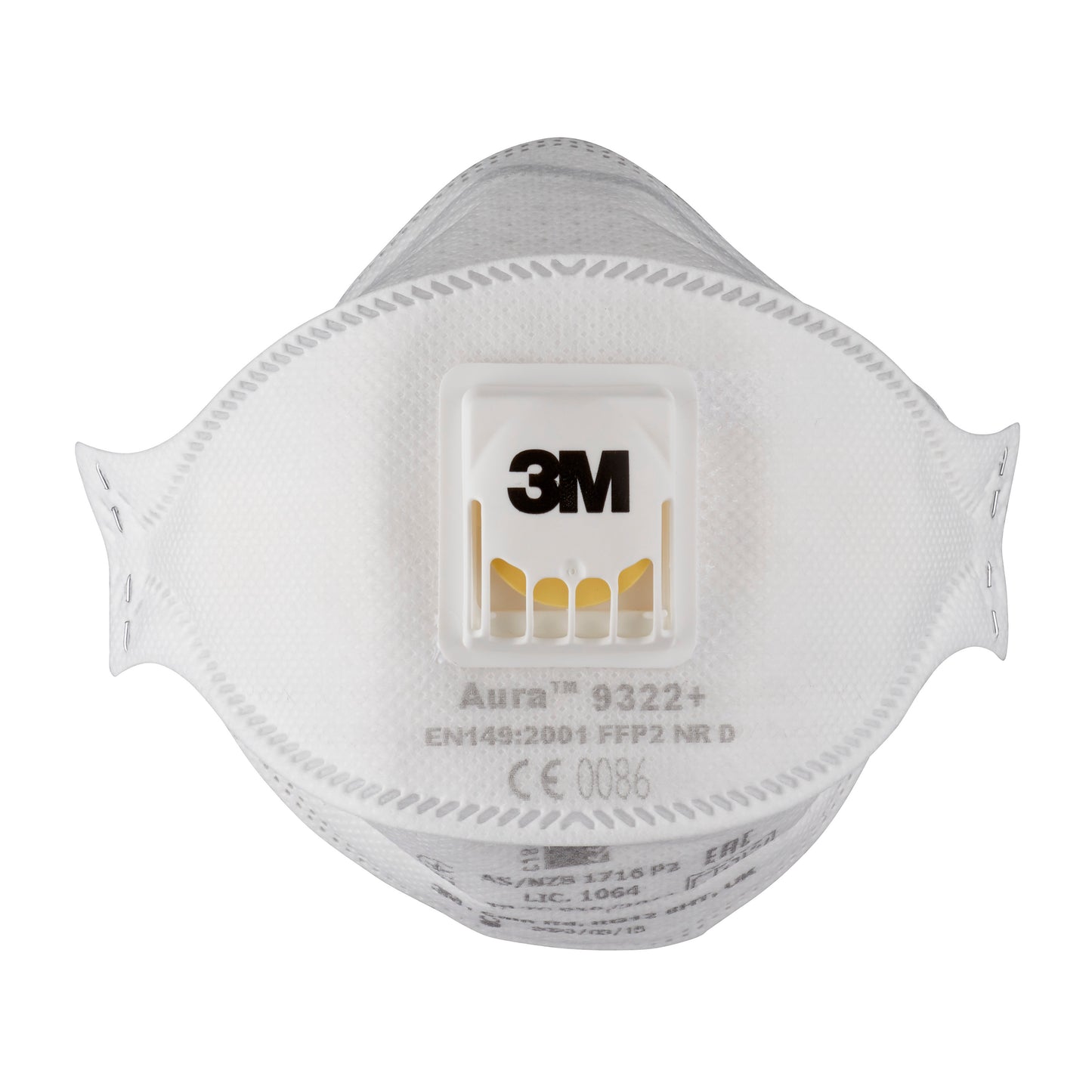 Una 3M™ Aura™ Comfort Cool Flow™ Maschera antiparticolato 9322+, FFP2, con valvola di 3M Deutschland GmbH è raffigurata frontalmente su sfondo bianco e dispone di una valvola di espirazione centrale e informazioni sul prodotto stampate.