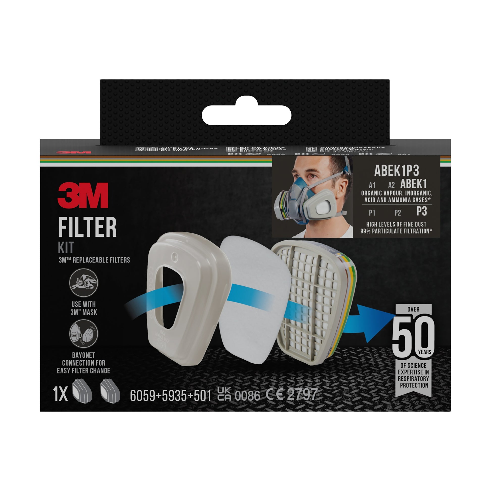 Vorderansicht eines 3M™ Filtersatzes 6004-1, ABEK1P3 Kombinationsfilter (2x6059, 2x5935, 2x501) Packung (1 Stück) von 3M Deutschland GmbH mit Filterkomponenten, Gebrauchsanweisung, Maskenträger und Produktinformation.