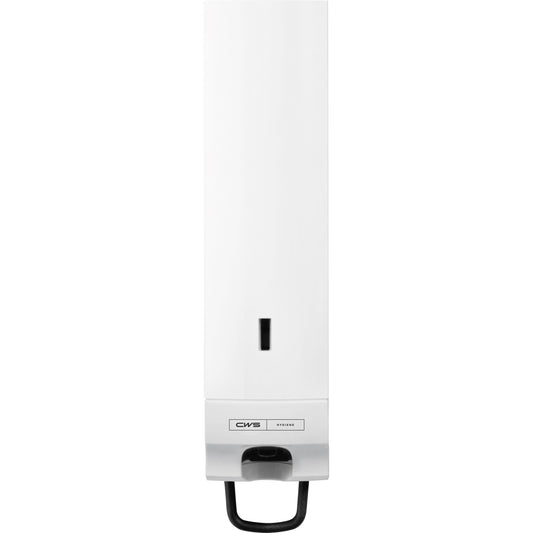 Der CWS Paradise Cream Slim Seifencremespender - Mit Panel, Weiß ist ein weißer Wandspender mit schwarzem Bodengriff, transparentem Füllfenster, "CWS HYGIENE"-Etikett und Click-in-Bottle-System zum einfachen Nachfüllen. Marke: CWS.