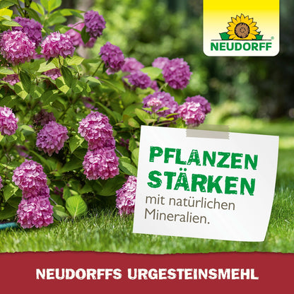 Un giardino rigoglioso con ortensie rosa. Su un cartello c'è scritto: "Rafforza le piante con minerali naturali". Il logo del Neudorff Shop è visibile in alto a destra, e un banner rosso pubblicizza "Farina di Roccia di Neudorff" per aumentare la fertilità del suolo.