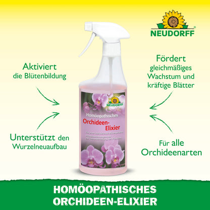 In der Mitte steht eine Sprühflasche mit Homöopathischem Orchideen-Elixier aus dem Neudorff Shop. Der Text hebt die Vorteile hervor, wie die Förderung der Blüte, der Wurzelerneuerung und des Blattwachstums für alle Orchideen. Oben ist das Neudorff-Logo zu sehen.