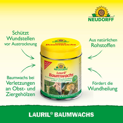 Nell'immagine è raffigurato un contenitore giallo-verde di "Lauril Cera per Alberi" del Neudorff Shop. Questa cera vegetale protegge e guarisce gli alberi da frutto. Il testo tedesco evidenzia gli ingredienti naturali.