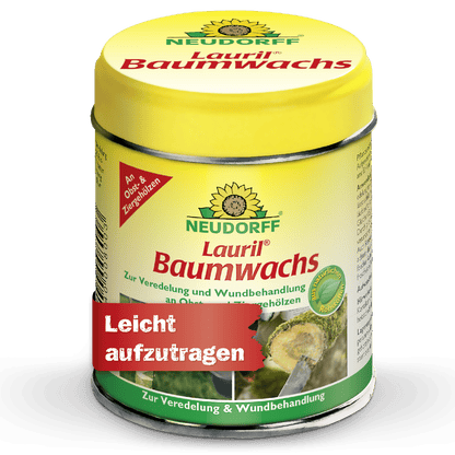Una lattina gialla di Lauril Cera per Alberi del Neudorff Shop per la cura degli alberi e il trattamento delle ferite di alberi da frutto e ornamentali, con un'etichetta rossa con la scritta "Facile da applicare".