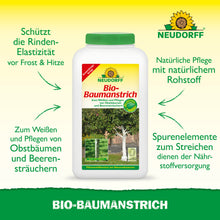 Ein Behälter mit Bio-Baumanstrich von Neudorff Shop steht mittig auf einem gelben Hintergrund mit grünem Text über die Pflege und den Schutz von Baumrinde. Auf dem Etikett sind Bäume und Anwendungsbeispiele für die natürliche Baumpflege abgebildet.