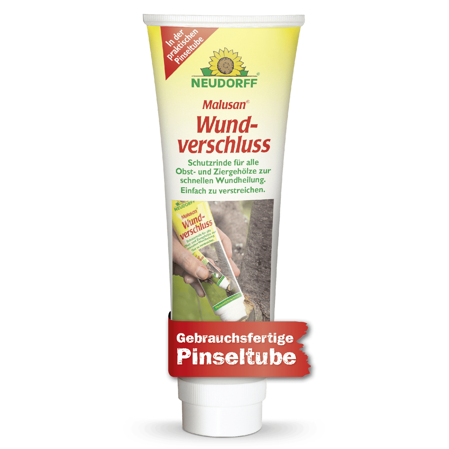 Un tubo di Neudorff Shop Malusan Cicatrizzante, ideale per chiudere le ferite dopo la potatura degli alberi, raffigurato con un marchio, una descrizione e l'immagine di una persona che lo applica su un tronco d'albero.