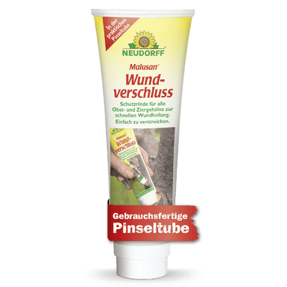 Un tubo di Neudorff Shop Malusan Cicatrizzante, ideale per chiudere le ferite dopo la potatura degli alberi, raffigurato con un marchio, una descrizione e l'immagine di una persona che lo applica su un tronco d'albero.