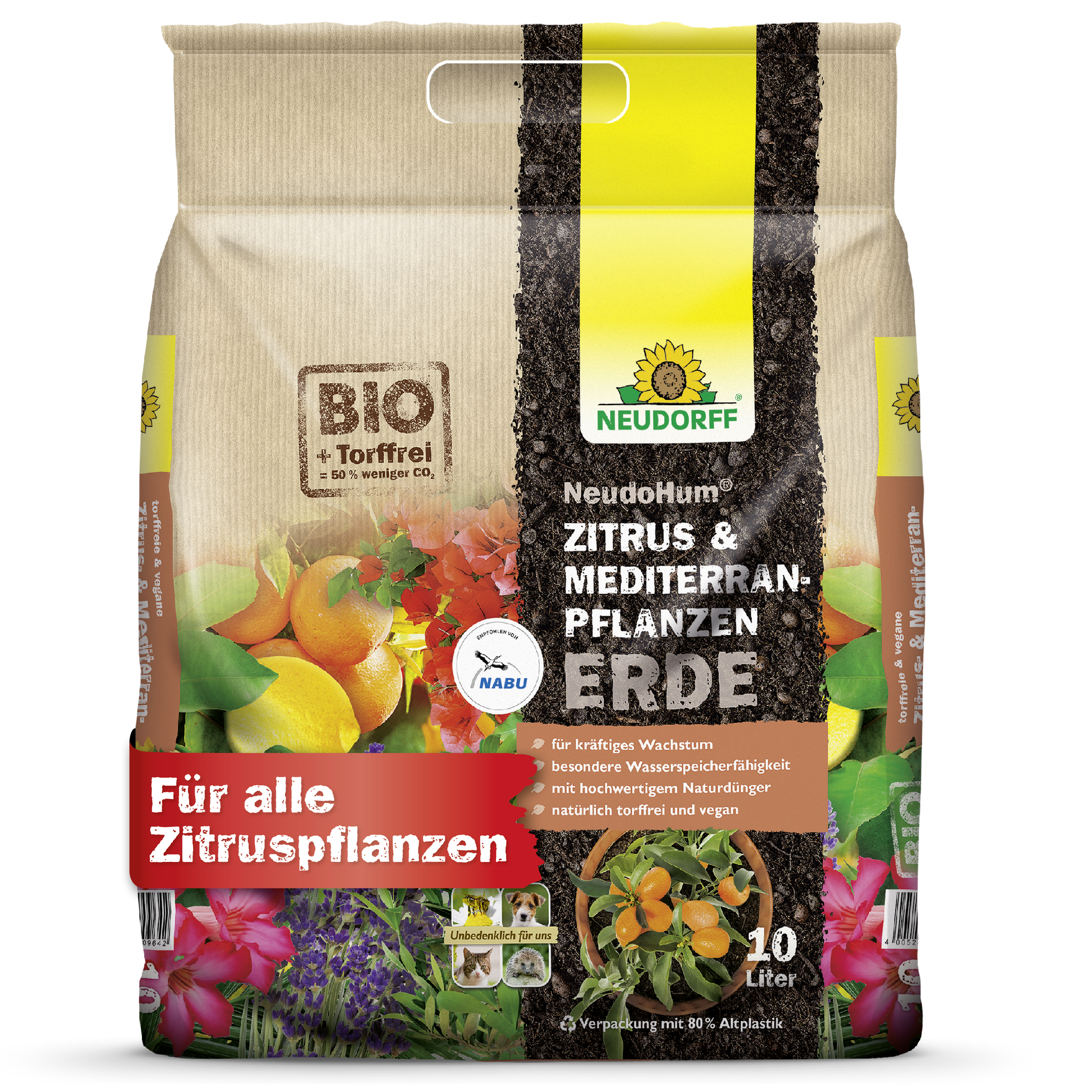 Ein 10L Beutel Neudorff Shop NeudoHum Zitrus- & MediterranpflanzenErde-ideal für Urban Jungle, Balkon und Terrasse. Mit Fruchtbildern, Zertifizierungslogos und hervorragender Eignung für alle Zitrus- und Mediterranpflanzen.