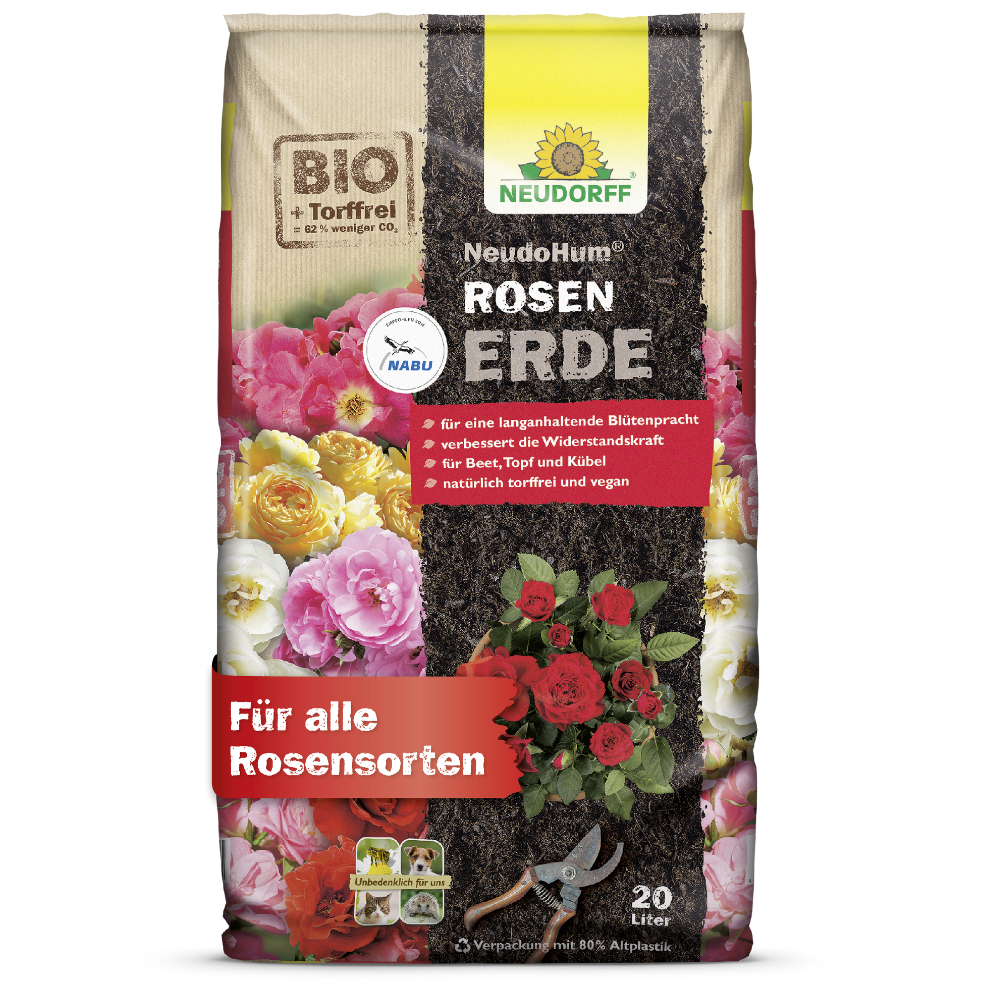 Ein 20-Liter-Sack Neudorff Shop NeudoHum RosenErde, ein torffreies, veganes Bio-Pflanzsubstrat mit deutschen Texten und Piktogrammen, bietet optimale Wachstumsbedingungen für alle Rosensorten.