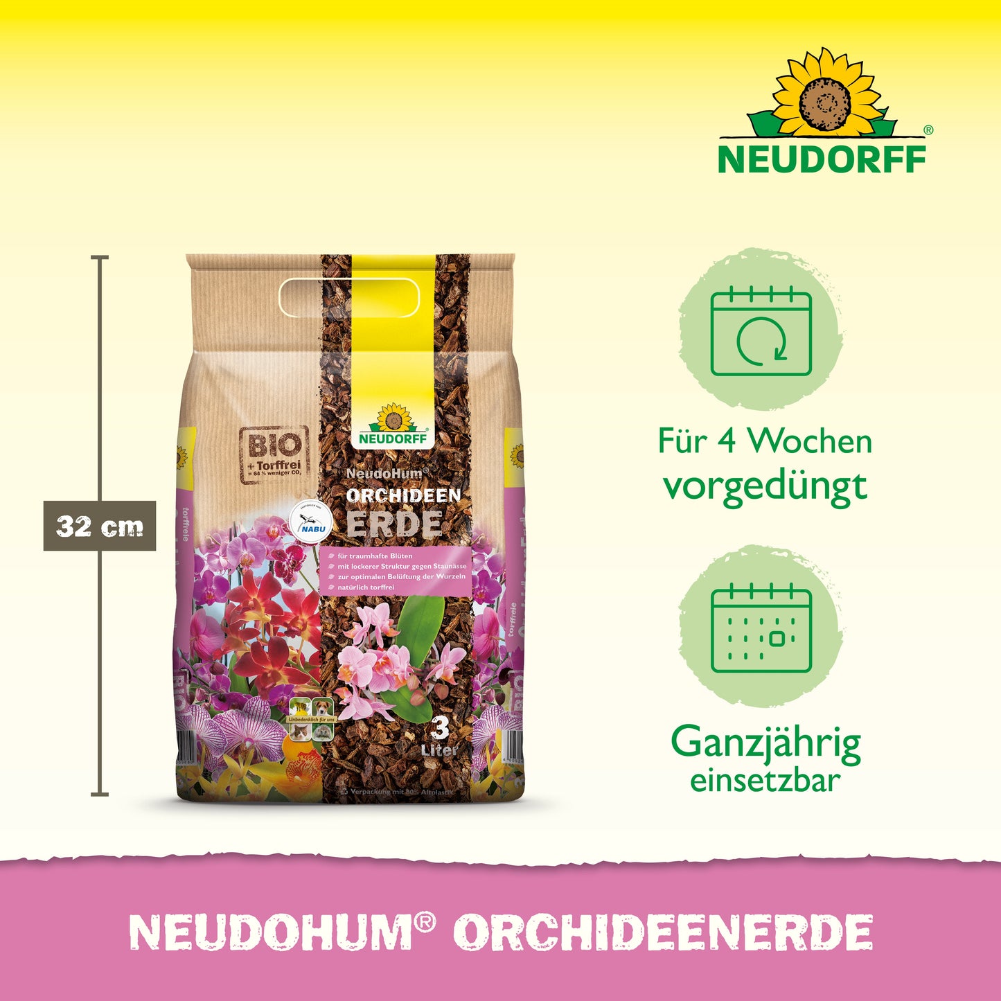 Ein 3-Liter-Beutel NeudoHum OrchideenErde aus dem Neudorff Shop steht aufrecht neben einer 32 cm hohen Skala, auf der 4 Wochen Vorbefruchtung und ganzjährige Verwendung vermerkt sind. Der Hintergrund ist in Gelb- und Rosatönen gehalten.