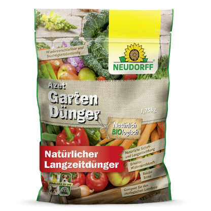 Ein 1,75-kg-Beutel Neudorff Shop Azet GartenDünger, ein organischer Dünger für die Langzeitpflege des Gartens, mit Abbildungen von Gemüse, dem Neudorff-Logo und einem deutschen Text über die optimale Pflanzendüngung.