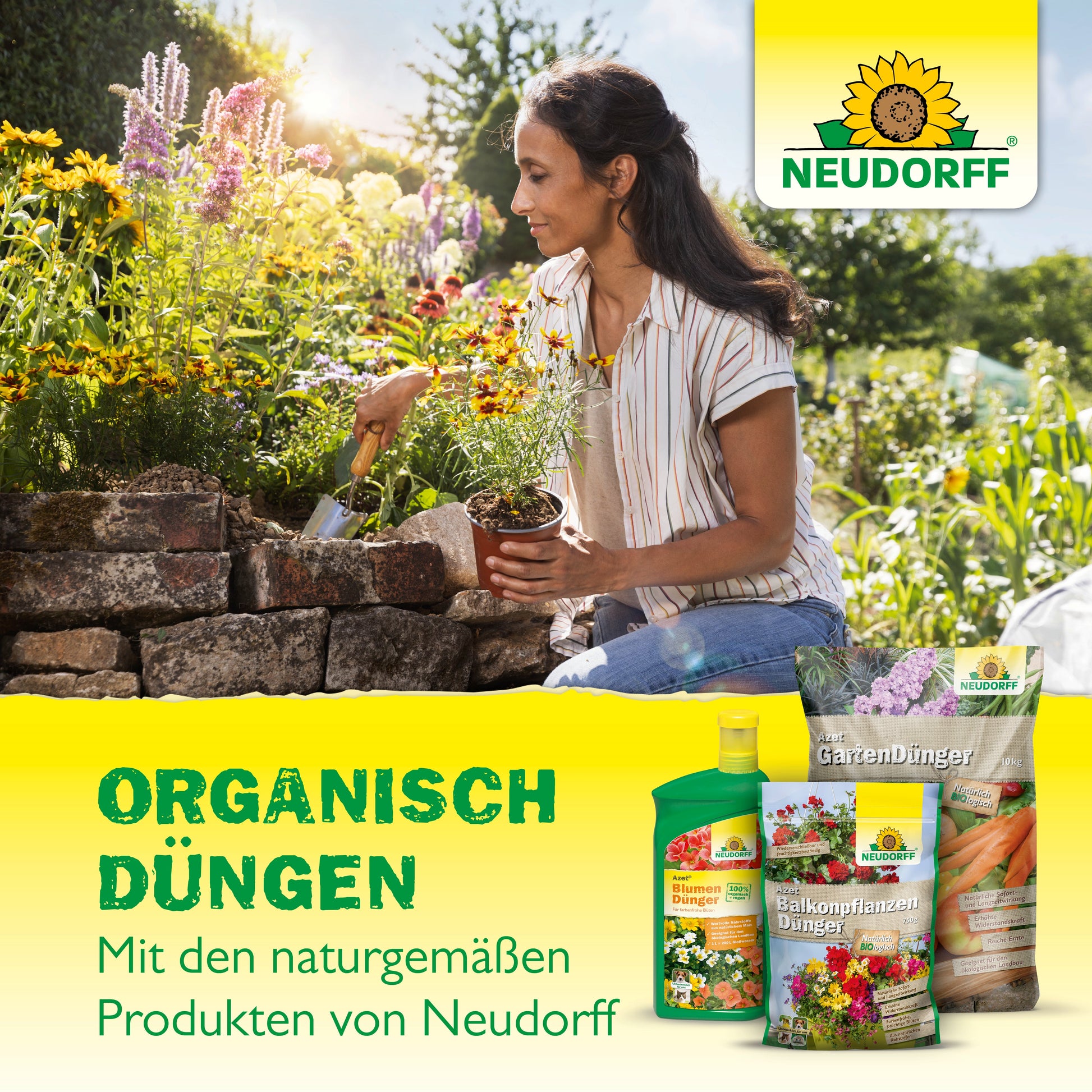 Eine Frau pflanzt Oleander und andere mediterrane Kübelpflanzen an einem steinernen Gartenbeet. Im Vordergrund steht Azet Zitrus- & MediterranpflanzenDünger aus dem Neudorff Shop. Text: "Organisch düngen. Mit den naturgemäßen Produkten von Neudorff.