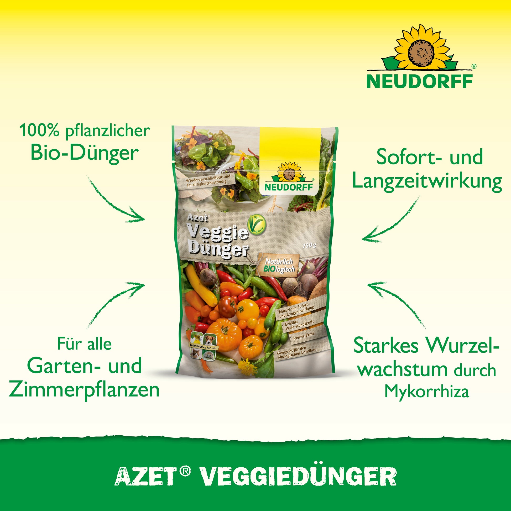 Ein Beutel Azet VeggieDünger von Neudorff Shop ist mit Gemüsebildern abgebildet. Der Text hebt ihn als 100% veganen Dünger für Garten- und Zimmerpflanzen hervor, der eine sofortige Wirkung hat und ein starkes Wurzelwachstum fördert.