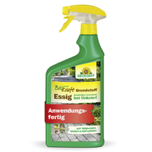 Eine grüne Sprühflasche mit der Aufschrift "Neudorff BioKraft Grundstoff Essig" aus dem Neudorff Shop, mit gelb/weißer Schrift, gelber Düse und einem roten "Anwendungsfertig"-Banner. Das Etikett zeigt Wege und Terrassen für unkrautfreie Flächen.
