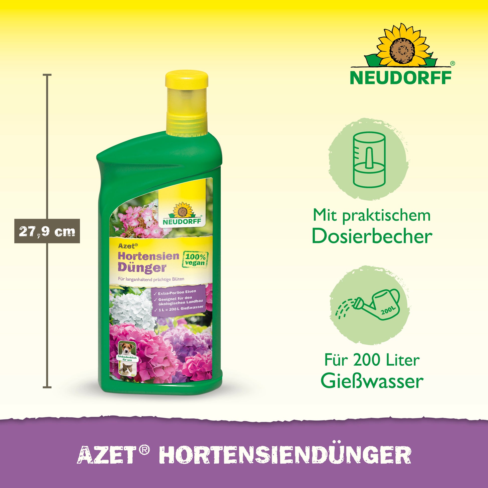 Eine 27,9 cm große grüne Flasche Neudorff Shop Azet HortensienDünger flüssig mit gelbem Deckel, praktischem Messbecher und Etikett mit rosa Hortensien; genug, um 200 Liter Düngerlösung zu mischen.