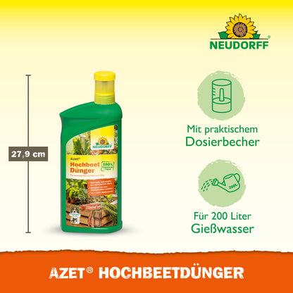 Eine 27,9 cm große Flasche Neudorff Shop Azet HochbeetDünger flüssig ist mit Piktogrammen für einen praktischen Dosierverschluss und die Eignung für 200 L Gießwasser abgebildet. Das Etikett zeigt Gartenmotive und weist auf wichtige Nährstoffe für Hochbeete hin.