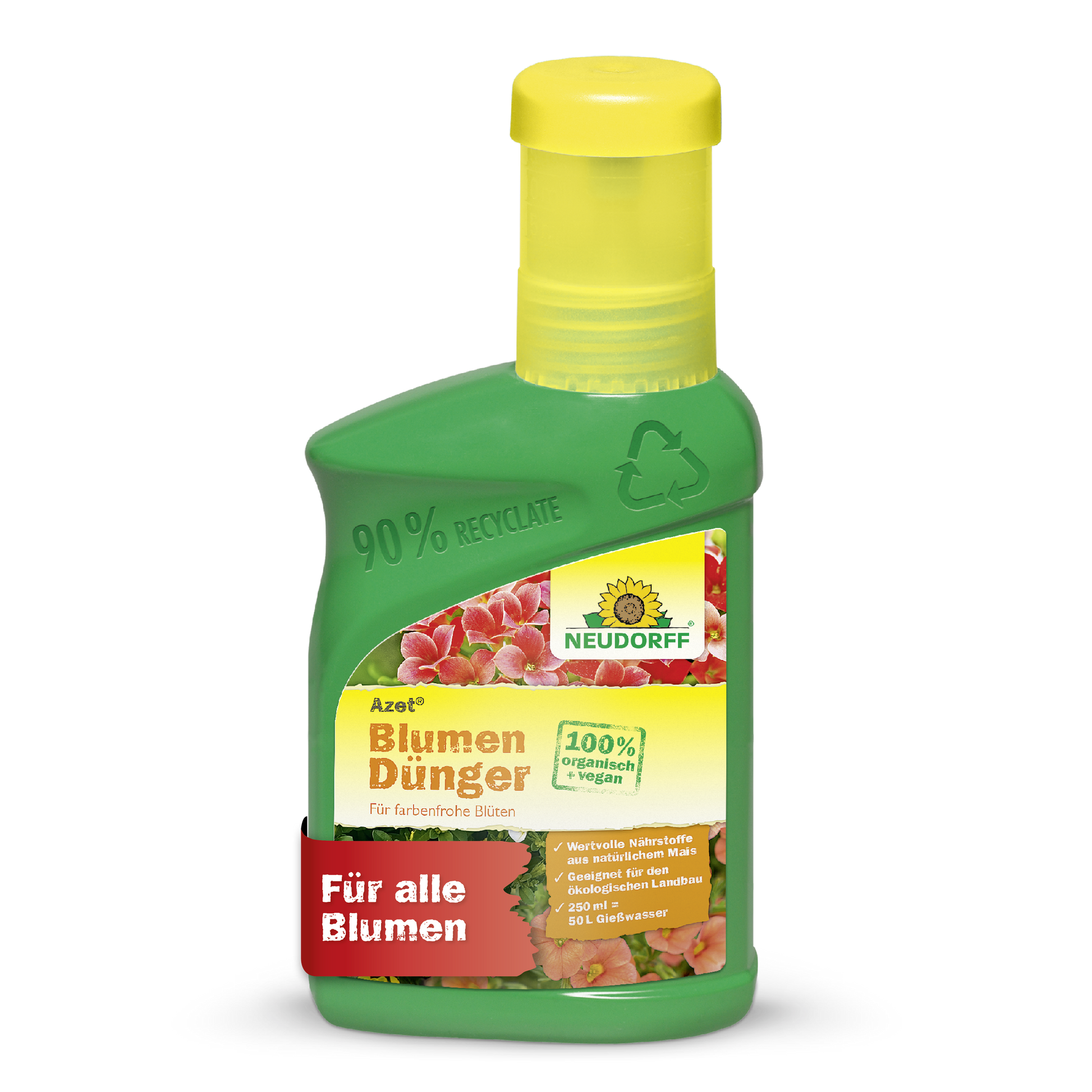 Die grün-gelbe Flasche Azet BlumenDünger flüssig von Neudorff Shop ist 100% vegan, fördert gesundes Pflanzenwachstum und zeigt pinke Blumen sowie ein rotes "Für alle Blumen"-Banner.