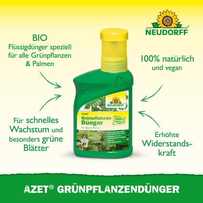 Una bottiglia verde di Neudorff Shop Azet Fertilizzante liquido per piante verdi con un tappo giallo, su cui è presente un testo tedesco sui nutrienti organici per piante da interno che promuovono una crescita rapida, foglie verde brillante e una maggiore resistenza.