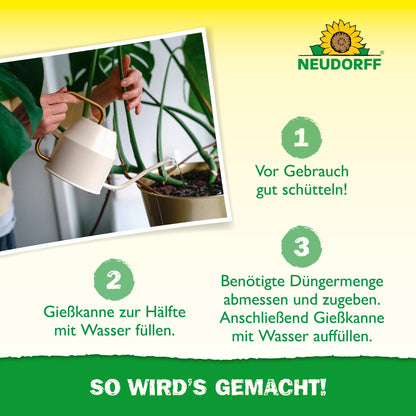 Una persona utilizza il fertilizzante liquido per piante verdi Azet di Neudorff Shop e lo versa da un annaffiatoio color crema su una pianta in vaso. Il logo Neudorff, consigli per la cura e passaggi di preparazione per substrato e nutrienti sono presentati con accenti di design verdi e gialli.