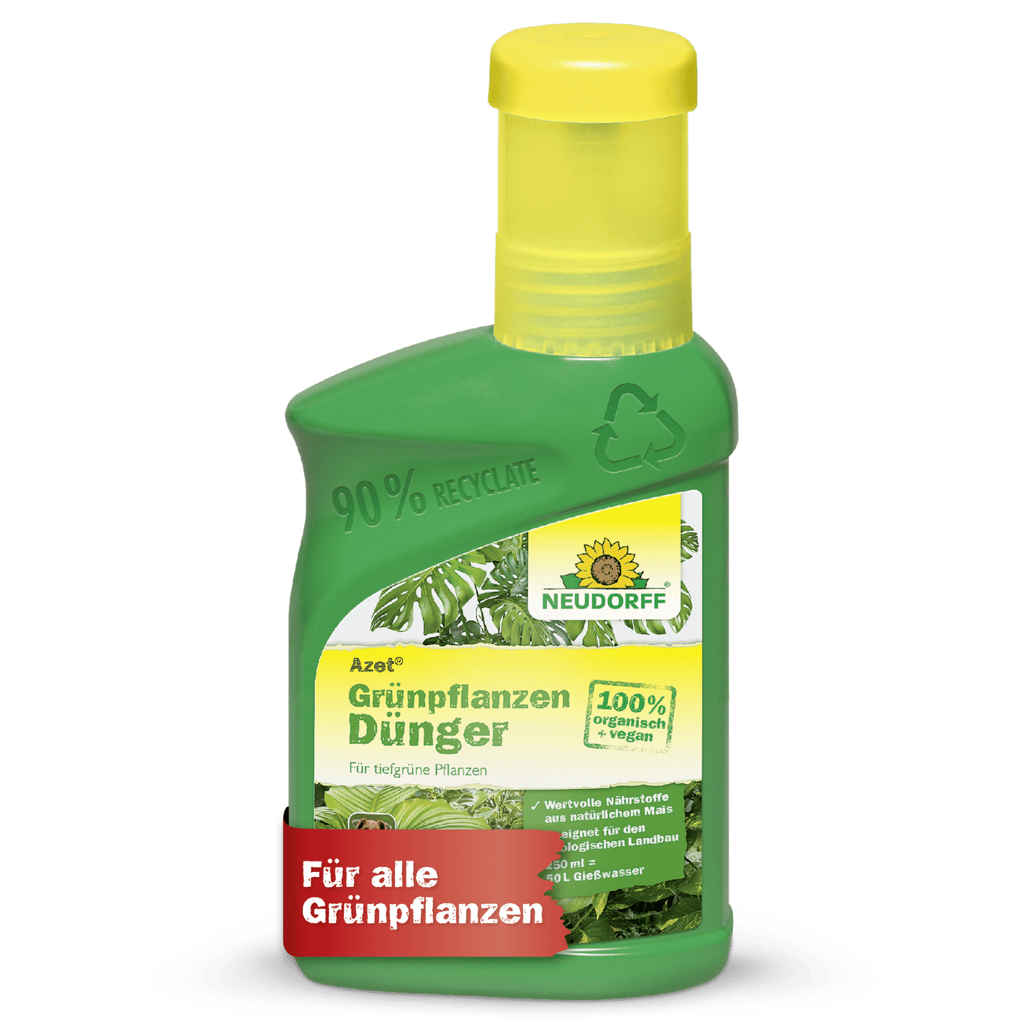Una bottiglia di plastica verde di Neudorff Shop Azet Fertilizzante liquido per piante verdi con un tappo giallo, contrassegnata come fertilizzante vegano organico al 100% per piante verdi, fornisce nutrienti essenziali e ha un simbolo di riciclaggio con testo tedesco.