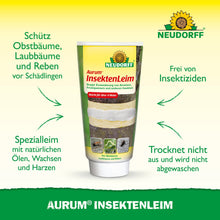 Un tubo di Aurum InsektenLeim di Neudorff Shop è in piedi e porta un testo in tedesco sulla protezione degli alberi da frutto da formiche e femmine di falena invernale. Sullo sfondo verde-giallo si vede il logo Neudorff in alto.