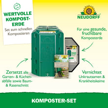 Das Neudorff Shop Komposter-Set, abgebildet mit Kompostierzubehör, hilft bei der Herstellung von Komposterde, baut Gartenabfälle ab, vernichtet Samen und Krankheitserreger und enthält Tipps zum Kompost anlegen.