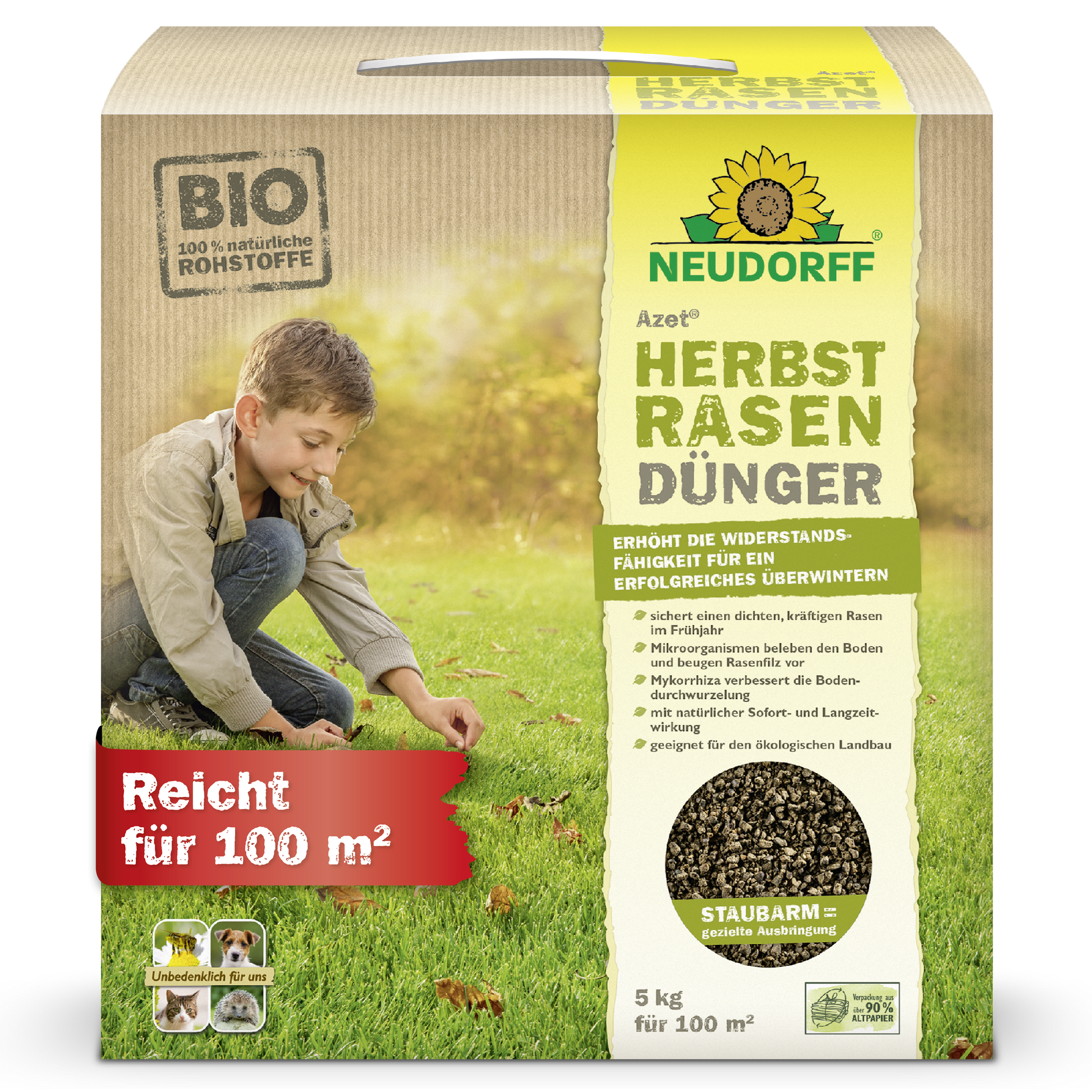 Eine 5 kg Kiste Neudorff Shop Azet HerbstRasenDünger, abgebildet mit einem Kind, das Gras pflückt. Dieser organische Dünger reicht für 100 m² - perfekt für die Rasenpflege im Herbst und ein gesundes, natürliches Graswachstum.