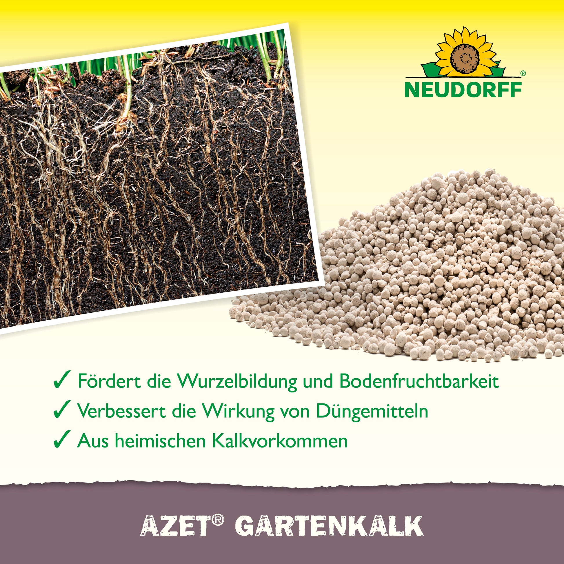 Ein Werbebild für Azet GartenKalk von Neudorff Shop zeigt ein Sonnenblumenlogo, Pflanzenwurzeln in der Erde, ein gräuliches Düngemittelgranulat und einen Text, der Vorteile wie verbessertes Wurzelwachstum, höhere Bodenfruchtbarkeit und einen ausgeglichenen pH-Wert hervorhebt.