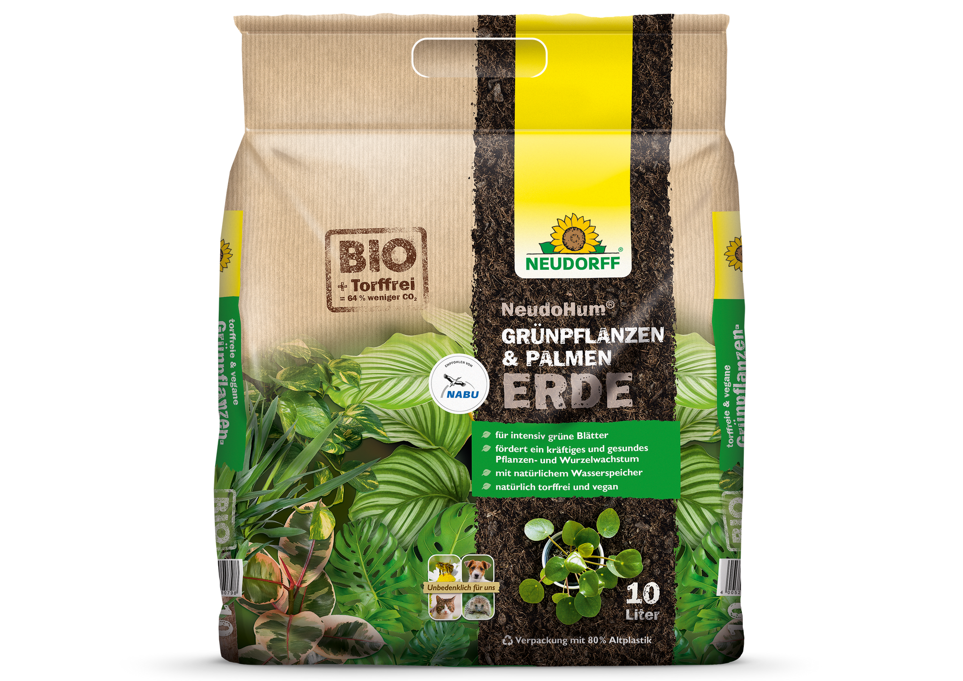 Ein 10-Liter-Sack Neudorff Shop NeudoHum Grünpflanzen- & PalmenErde ist mit deutschen BIO/eco-Etiketten und einem natürlichen Wasserspeicher für gesunde Pflanzen versehen. Die Verpackung zeigt grüne Blätter, Pflanzen und umweltfreundliche Symbole.