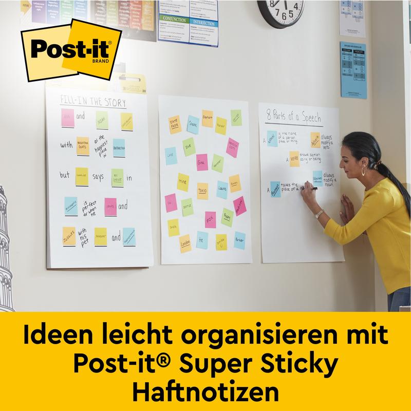 Una donna con un maglione giallo scrive su un Post-it® Super Sticky Mini Meeting Chart (38 cm x 45,7 cm, 20 fogli, 3M Deutschland GmbH), che è fissato al muro con note colorate e un testo tedesco sull'organizzazione delle idee.