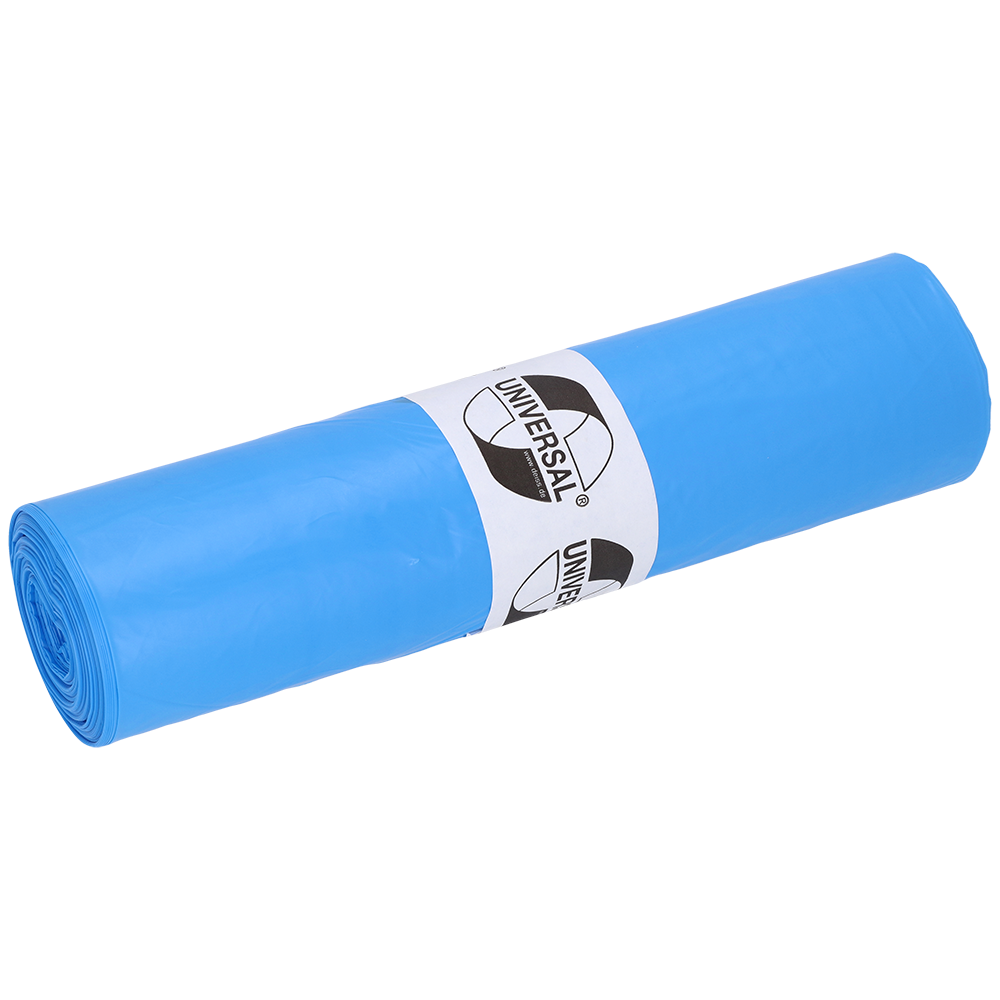 Eine Rolle DEISS 40104 Müllsäcke von EMIL DEISS KG, 630x800x0,023 mm, blau, Rolle mit 50 Stück. Weißes Etikett zeigt "UNIVERSAL" und Schwarz-Weiß-Logo. Praktisch als Abfallsäcke für vielseitige Entsorgung.