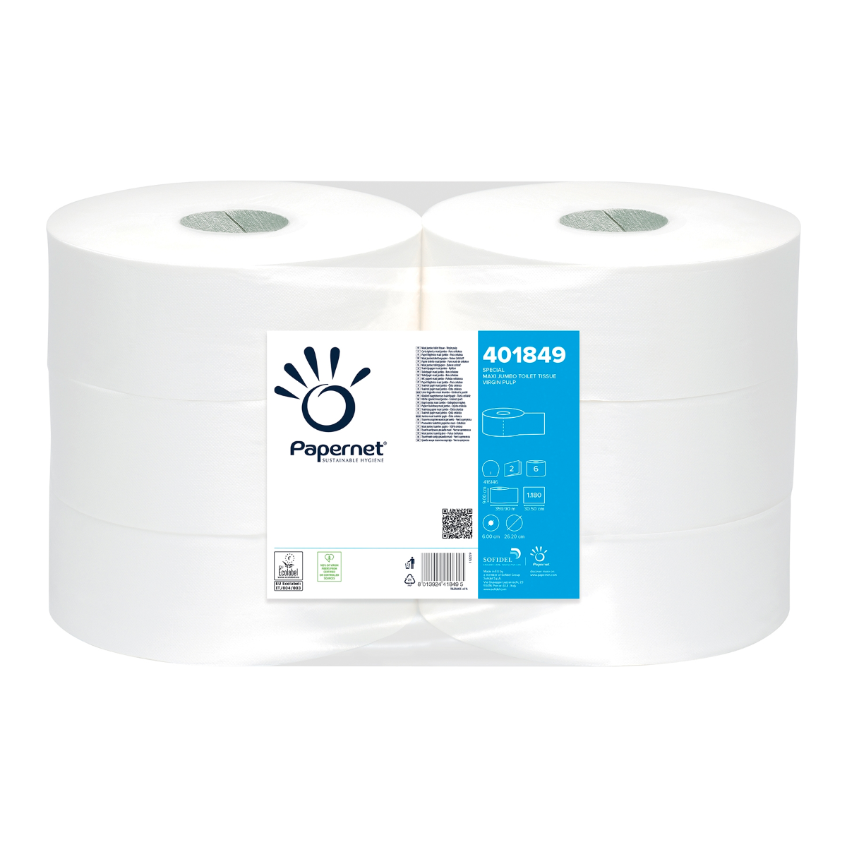 Papernet Maxi, pasta da 2 lg, 360 mt, Ø rotolo 26,20 cm, 1180 fogli. SPECIALE Bianco ECO | Cartone (1 confezione)