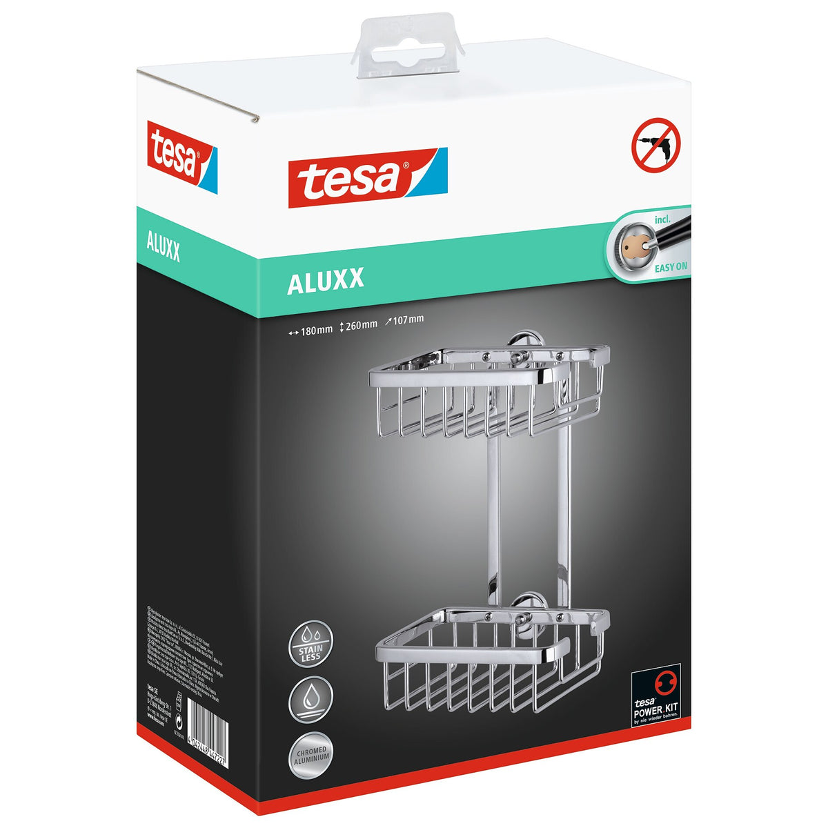 tesa ALUXX Duschregal ohne Bohren, zweistöckig, verchromt, inkl. Klebelösung