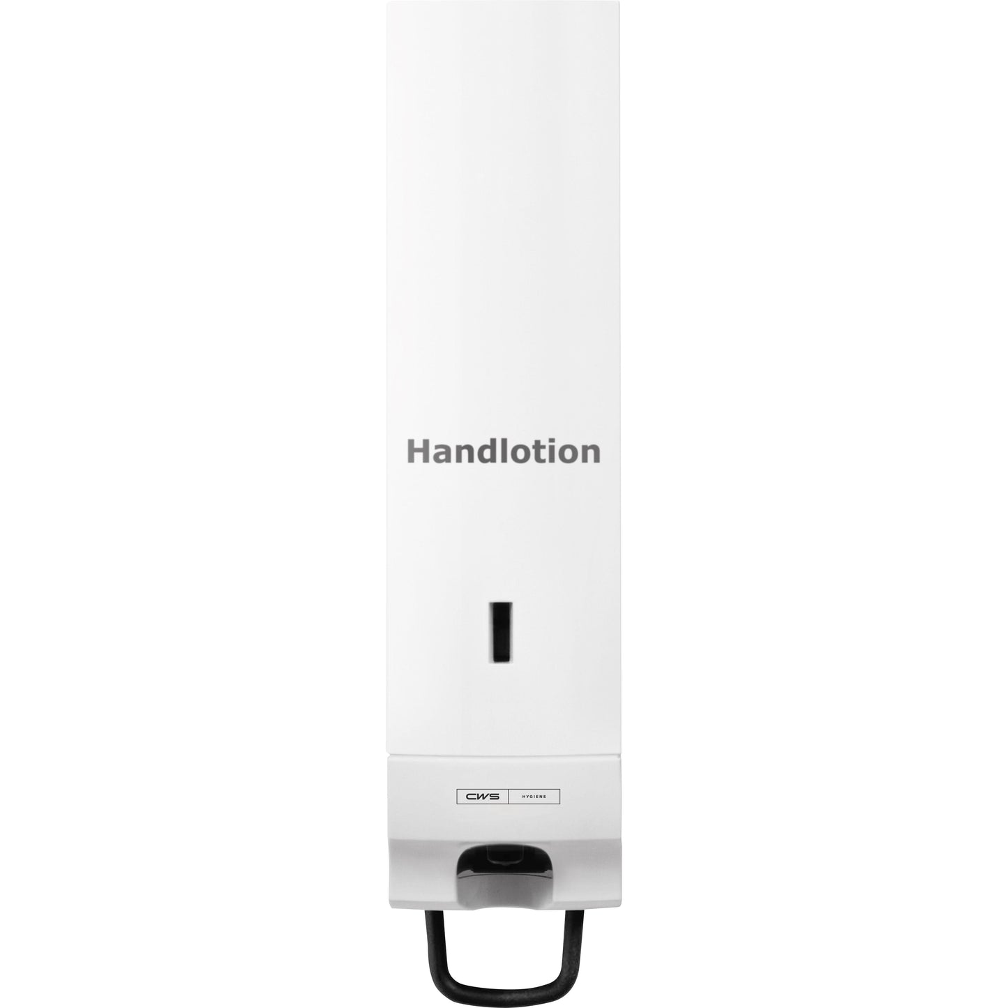 Il CWS ParadiseLine Handlotion Slim incluso pannello bianco con la scritta "Handlotion" di CWS, un distributore da parete bianco dal design sottile, porta eleganza nei bagni moderni.