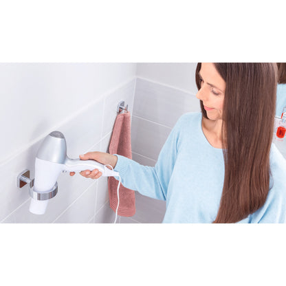 tesa ELEGAANT Fönhalter verchromt, edles Design, inkl. Klebelösung – Anwendung